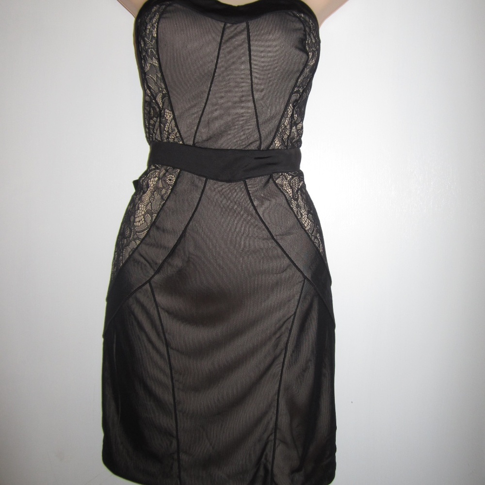 NWT Bebe Sz L Black Nude Lace Strapless Dress - Picture 4 of 7